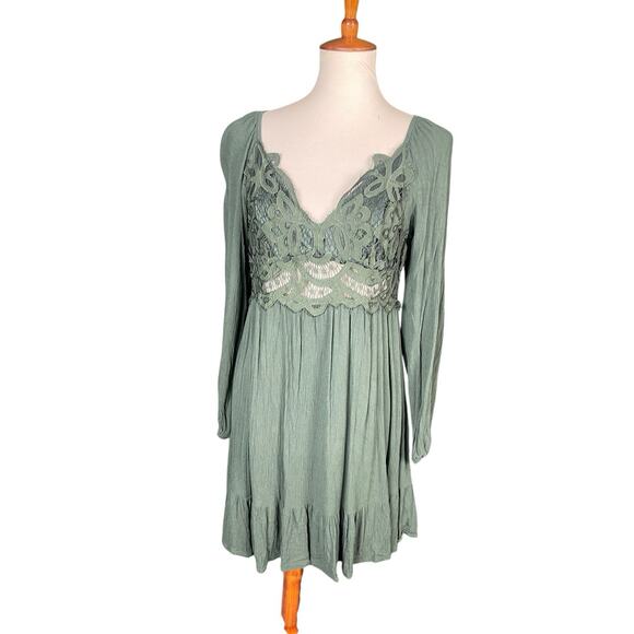 Francesca Mi Ami Mini Dress Size L Green Crotchet Tiered Ruffled Boho Peasant - Picture 8 of 13
